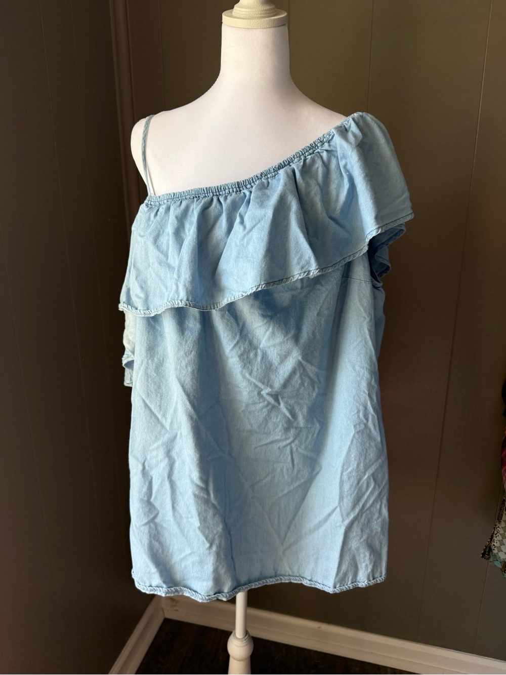 Lane Bryant Chambray Light Blue One-Shoulder Ruffle Camisole